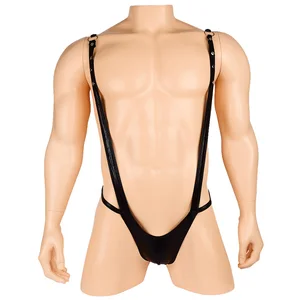 Men's Sexy Strap Conjoined Underwear Thong PU Leather Bodysuits Elastic Jumpsuit Gay Men's Erotic St in Pakistan
