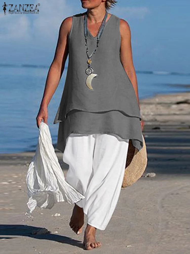 

ZANZEA Oversized Sleeveless V-Neck Tank Blouse Women Summer Solid Matching Sets Bohemian Holiday Casual Elegant Loungewear Pant