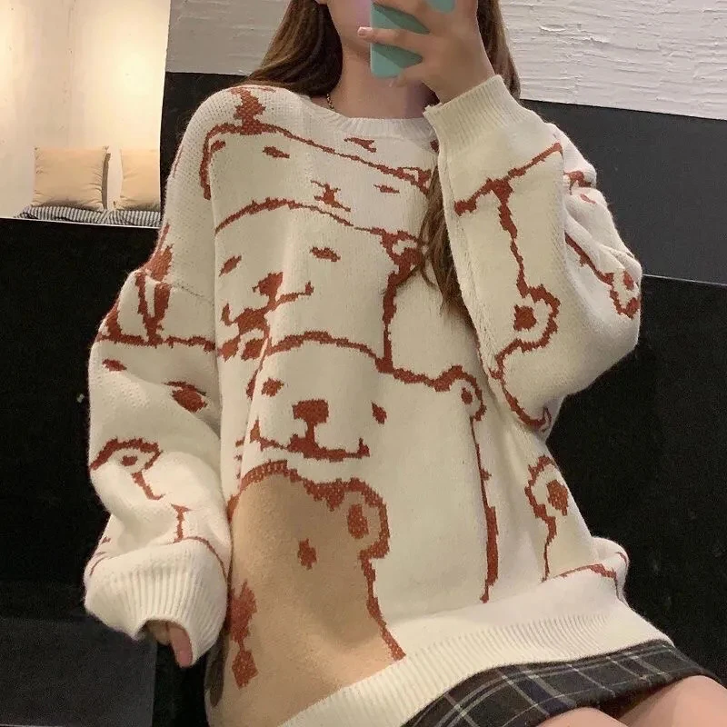 

N девушки осень зима вышивка медведь о-образный вырез толстый теплый пуловер свитер женский корейский стиль базовый свитер Симпатичные вяз...