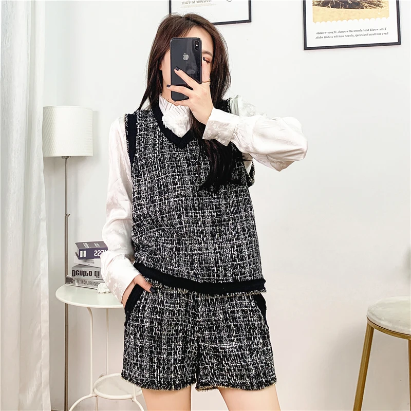 Tweed Wool Vest Suit 2022 Summer New Slim Fit Commuter Vest Shorts Women'S Two Piece High Quality Free Shipping