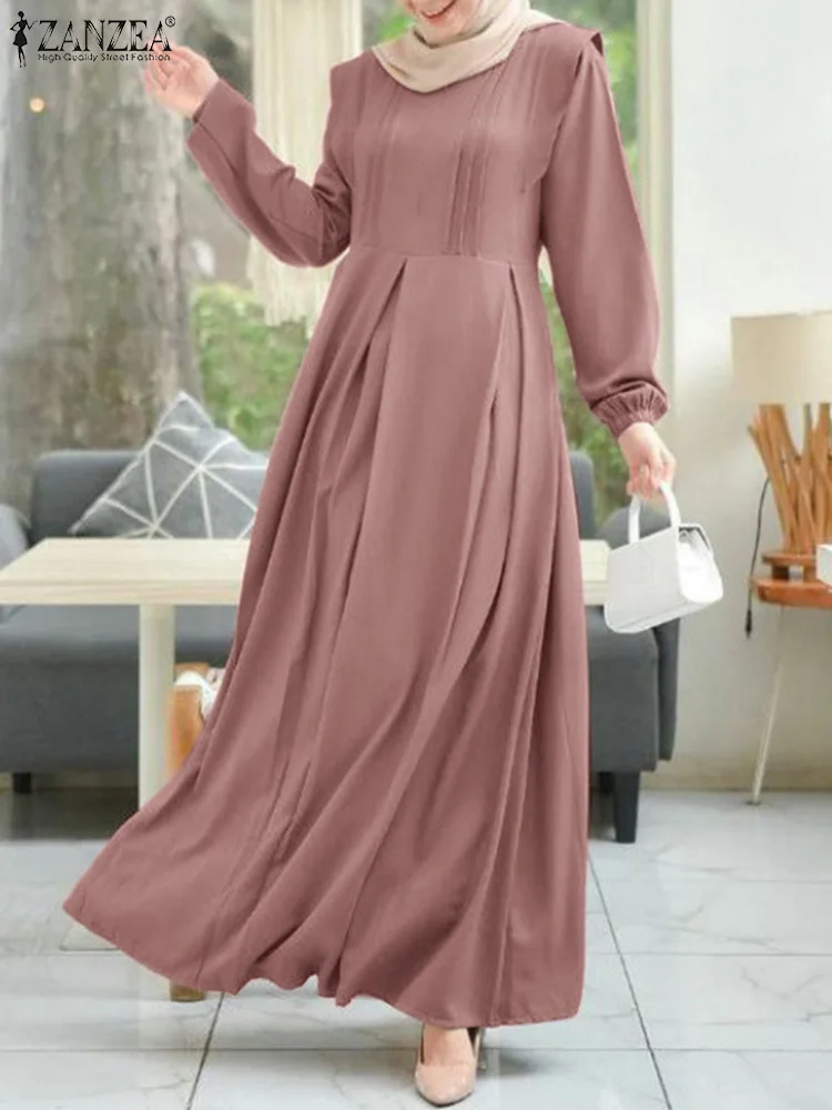 Женский весенний сарафан ZANZEA, мусульманское однотонное платье с длинным рукавом и круглым вырезом, макси-платье, женское турецкое платье