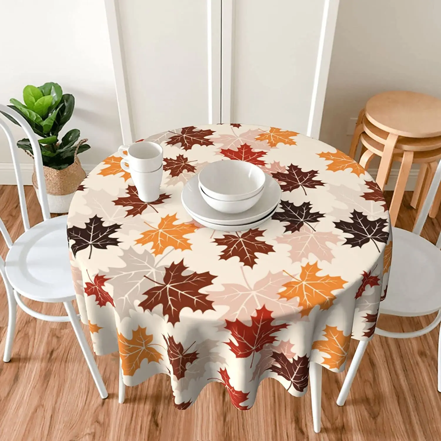 

Fall Tablecloth Round 60 Inch Mustard Yellow Maple Leaves Table Cover Soft Wrinkle Resistant Farmhouse Autumn Leaf Table Cloth