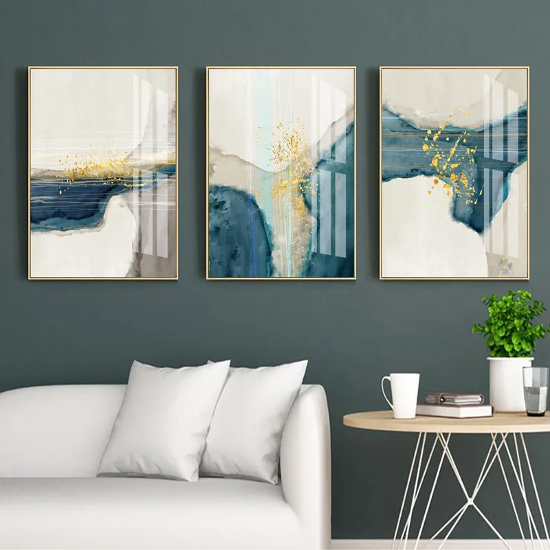 

Modern Crystal Porcelain Light Luxury Gilt Elegant Abstract Nordic Triptych Decorative Painting Gold Foil Watercolor