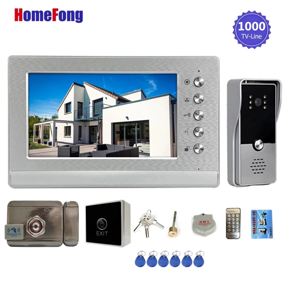 Homefong 7 Inch Intercom with Electric Lock Video Door Phone Door 3A Power Exit Button for Access Control Security System