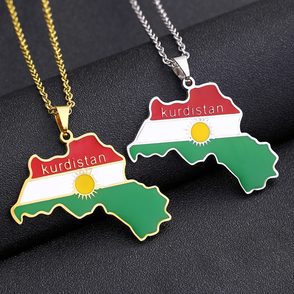 Kurdistan Map Necklace For Women Men Chains Gold Color Kurdistan Flag Map Pendants Necklace Stainless Steel Jewelry Gift Collar