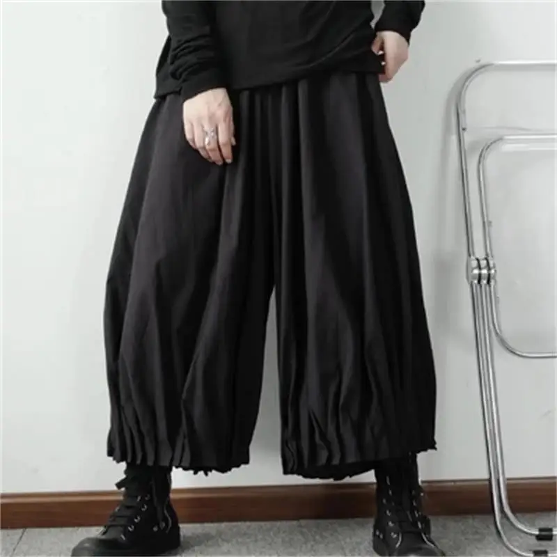 Men's Wide Legs Pleated Pants Spring/Summer New Personality Fashion Non-Mainstream Casual Large Size Nine Minute Pants