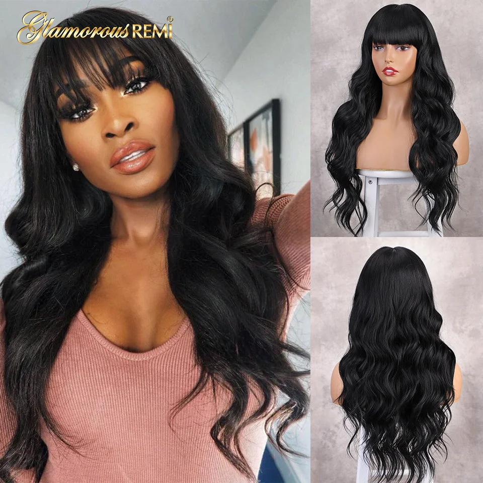 Human Hair Wigs Brazilian Natural Color Body Wave Long Wigs With Bangs Machine Made Easy Install Remy Hair For Woman Black Color