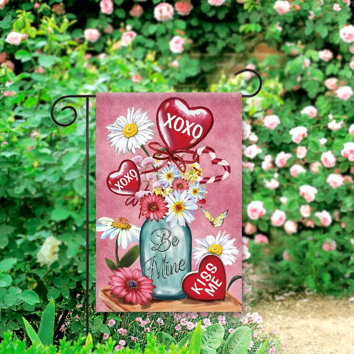 

Be Mine Kiss Me Jar Valentine's Day Bouquet Decorative Daisy Garden Flag Banner for Outside House Yard Home Decorative