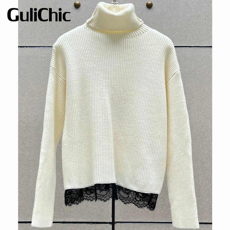 

9.15 GuliChic Women Fashion Lace Spliced Turtleneck Soft Knitted Pullover Sweater