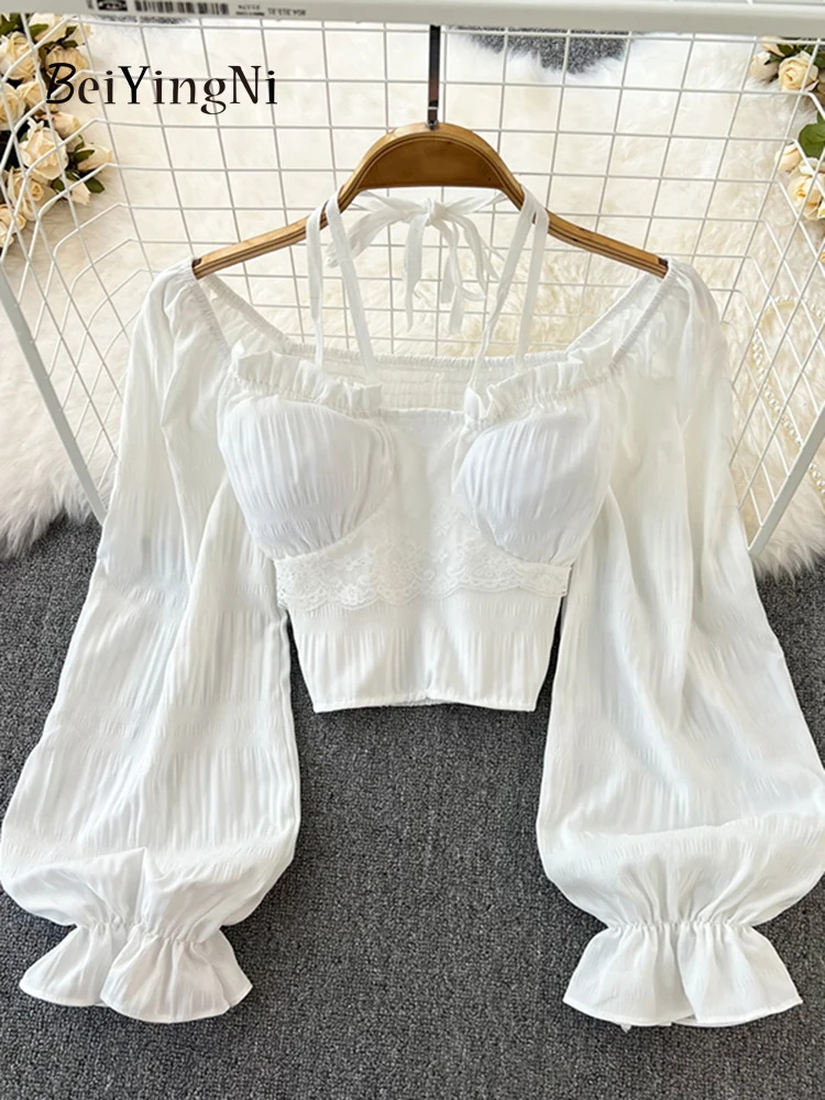 Beiyingni Cropped Tops Sexy Halter Shirts Women Lantern Sleeve Lace Patchwork White Blusas Woman Stretched Square Collar Blouses