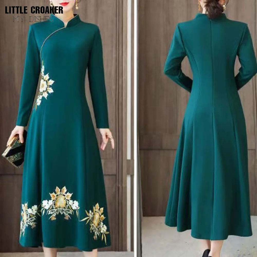 

Chinese Dress Spring New Retro Long Sleeve Black Green Qipao Dress Improved Cheongsam Party Dresses Qi Pao Modern Dress Woman