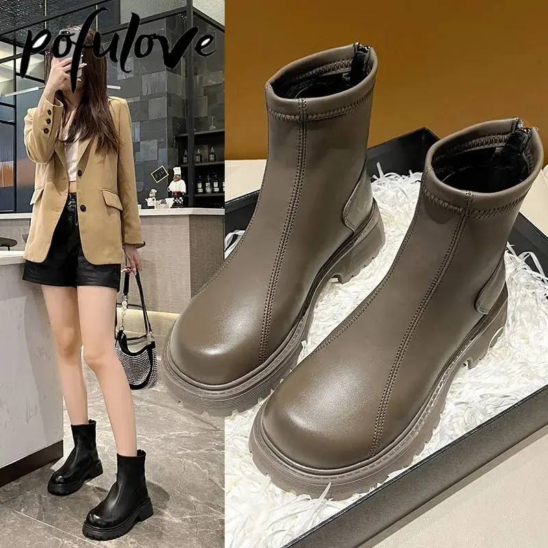 

Женские ботинки-мартинсы на толстой подошве, с молнией сзади