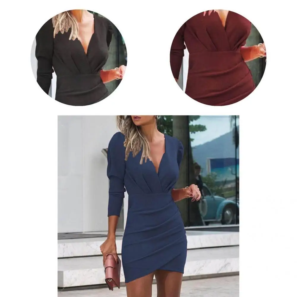 

Women Dress Washable Mini Dress Pleated Tight Waist Sheath Dress