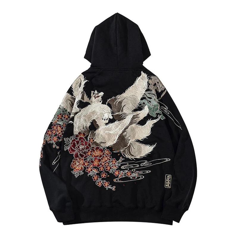 New Japanese Streetwear Hoodie Hip Hop Sweatshirt Embroidered Fox Hooded 2022 Mens Harajuku Cotton Casual Pullover Black #4032