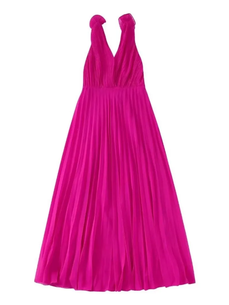 

Dresses Women Fashion Платье Женское Lining Pleated Midi Dress Vintage Backless Elastic Ruffled Double Thin Straps Female Mujer