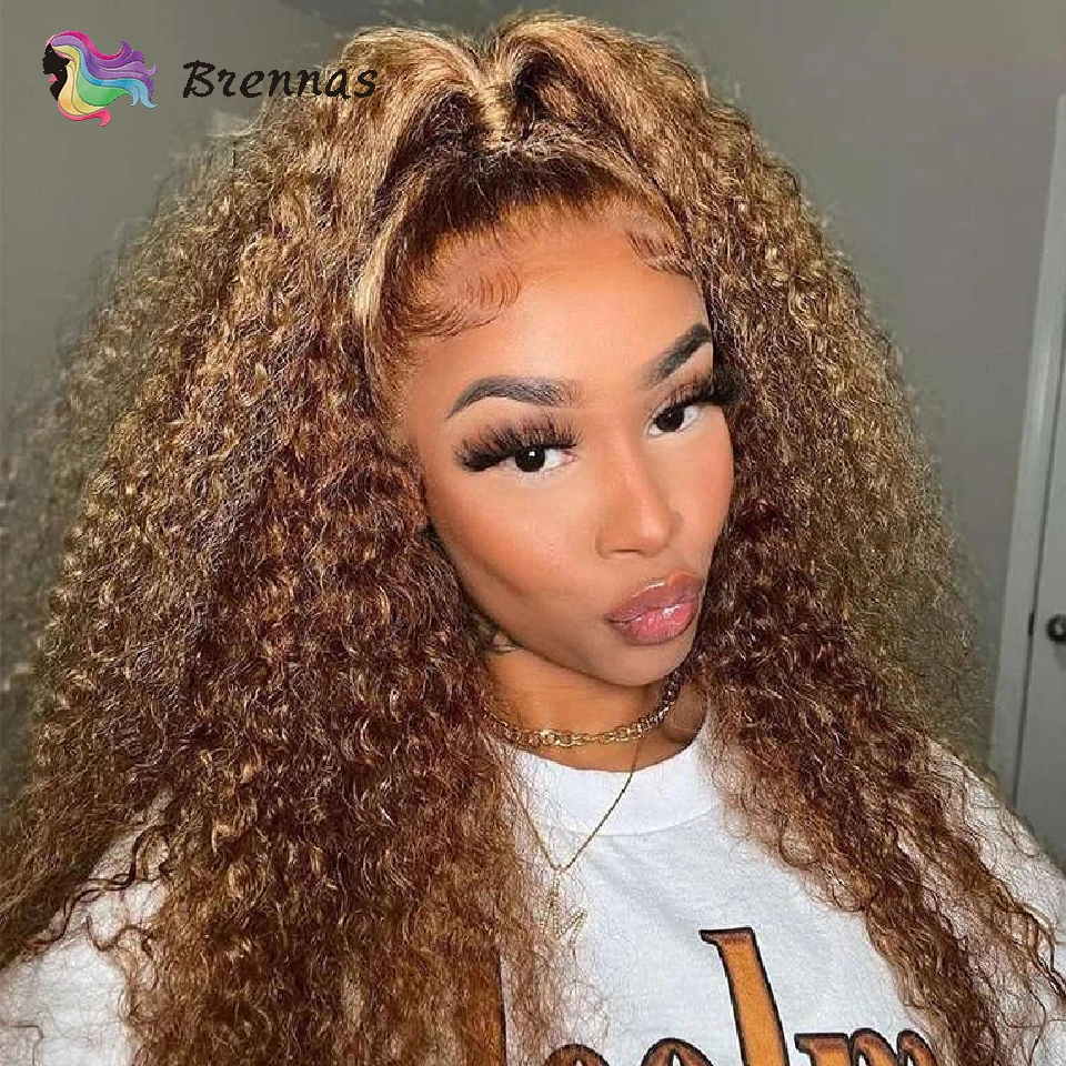 Honey Blonde Deep Curly Lace Front Wig for Black Women Highlight Curly 13x4 Frontal Wig HD Transparent Brazilian Human Hair Wig