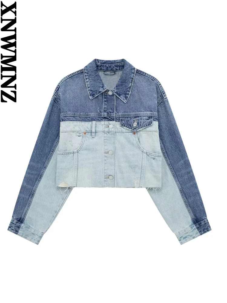 

XNWMNZ Women fashion new patchwork denim jacket woman retro lapel long sleeve seamless hem front button female chic coat