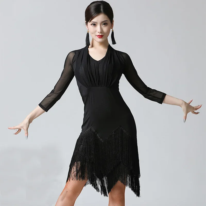 

Женское платье для латиноамериканских танцев, соблазнительное платье средней длины с длинным рукавом и принтом, танцевальное современное платье для бальных танцев, Танго, румбы, одежда для выступлений и танцев