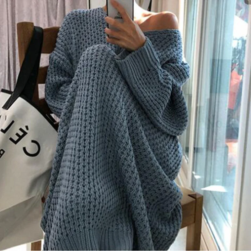 

Fashion oversized autumn and winter knit long dress women bat sleeve women V neck loose sweater dress