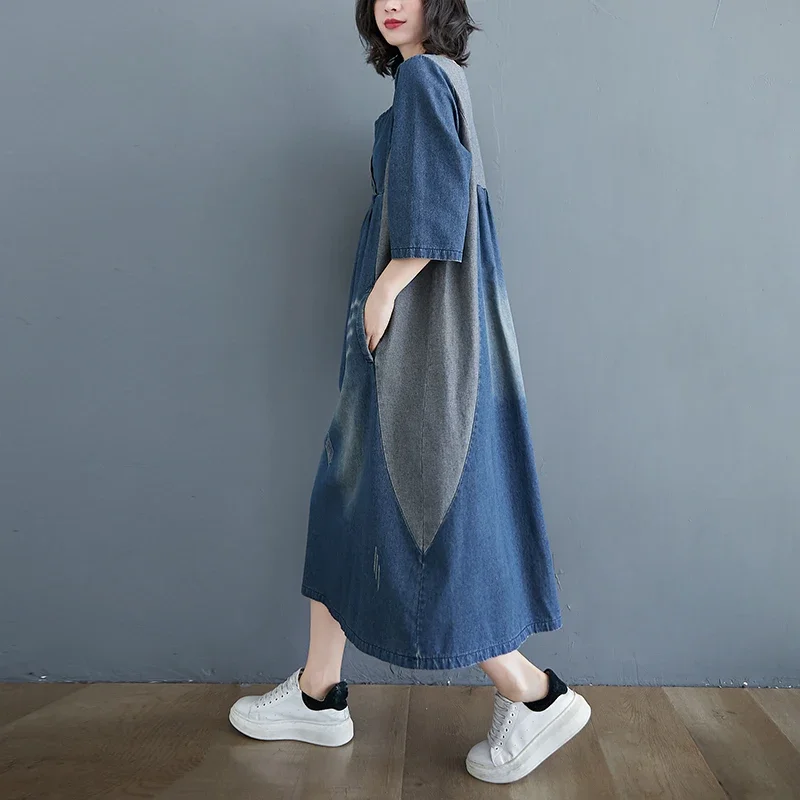 Женское джинсовое платье свободное винтажное составного кроя до колен с рукавом