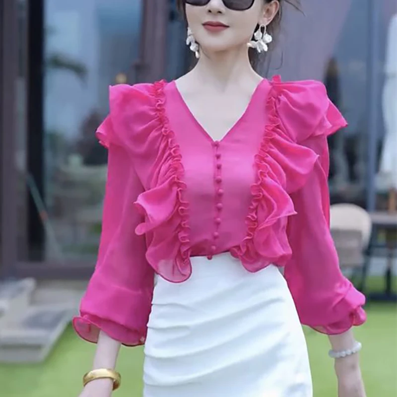 Блузка женская с V-образным вырезом элегантная рубашка рукавами принцессы на