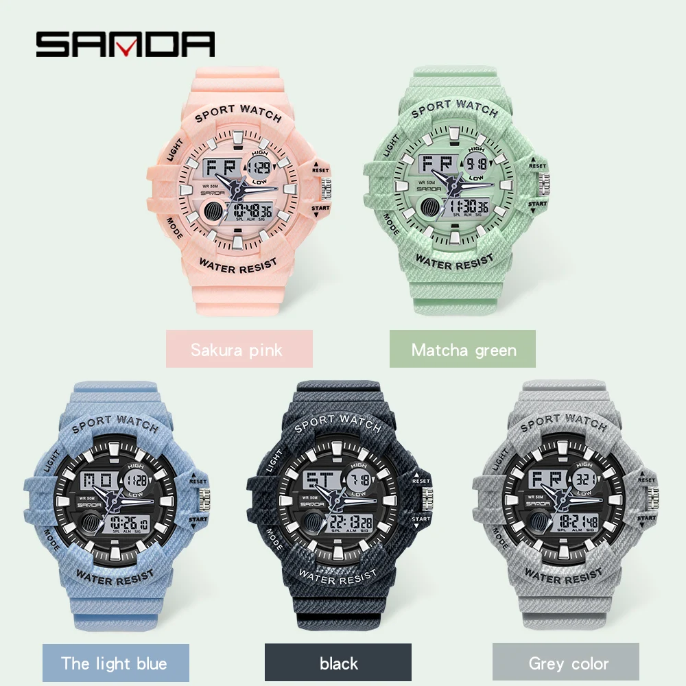 SANDA Outdoor Sports Chronograph Watch 2023 New Women Dual Display Watch Luminous HD LED Womens Watches 50M Waterproof 3038