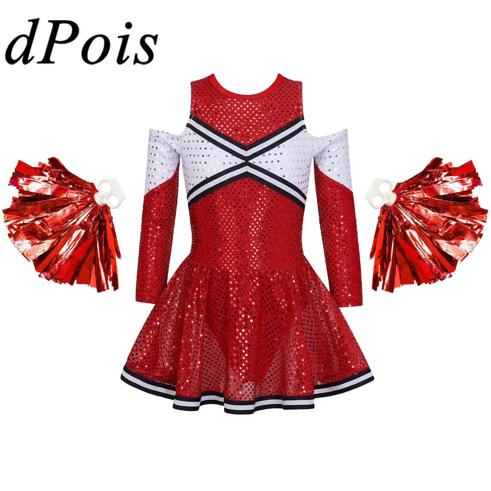 

Kids Cosplay Cheerleader Costume Cheerleading Uniforms Long Sleeve Sequined Dress with Tassel Flower Balls Schoolgirls Dancewear