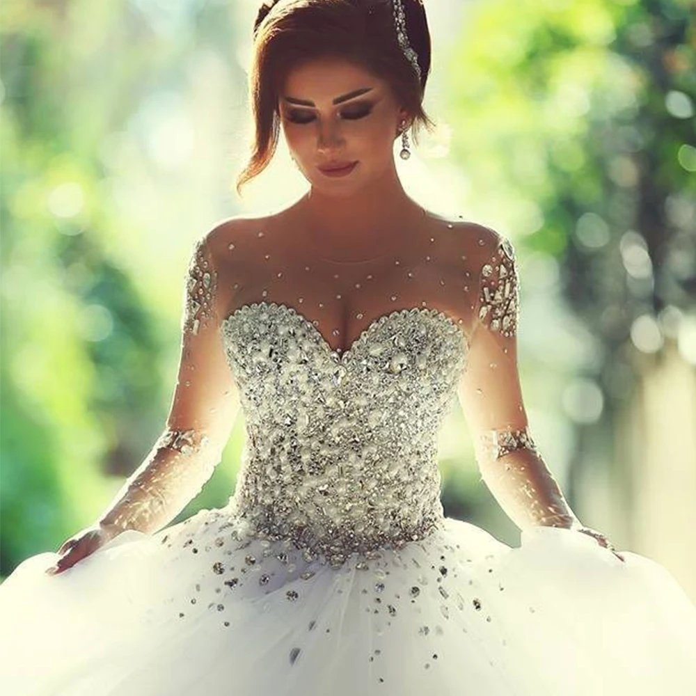 

Exquisite Beading Glisten Wedding Dress O-Neck Long Sleeves Tulle Illusion Bride Marriage Formal Dress A-Line Crystal Gown