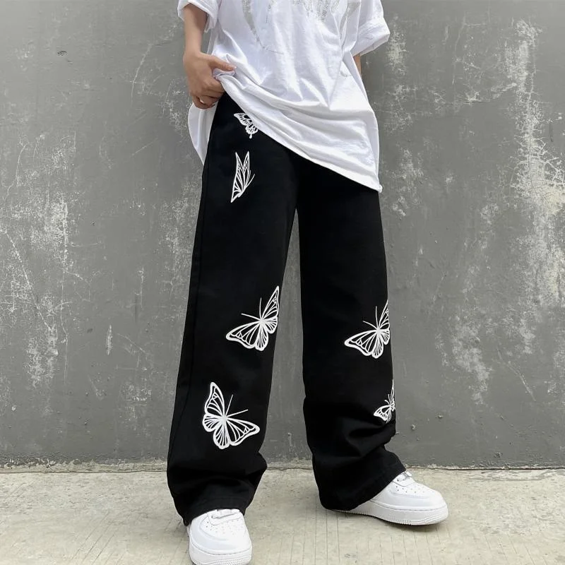 DEEPTOWN Y2K Black Printed Jeans Men Vintage Denim Pants Loose Fashion Straight Trousers Male Casual Streetwear Designer Retro