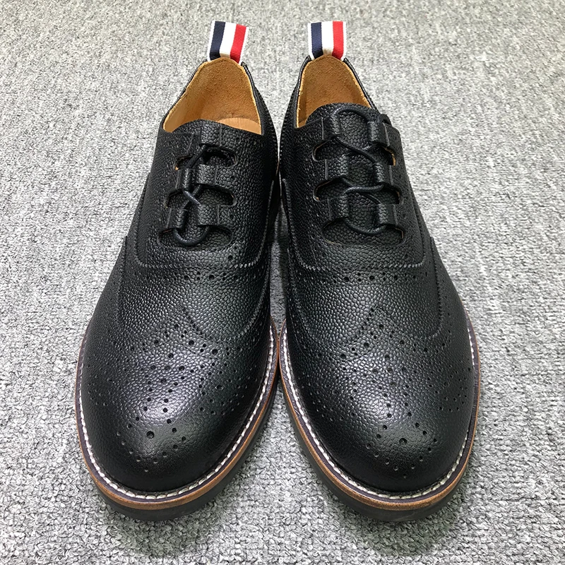 

TB THOM Shoes Fashion Brand Footwear Solid Black Pebble Calfskin Longwing Brogues Special Lace-up Business Genuine Leather Shoes