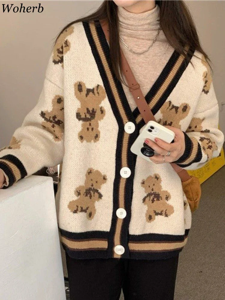 

Woherb Autumn Women Knitted Sweater Bear Cardigan Cute Tops Korean Japanese Fashion Crochet Top Harajuku Loose Casyal Kardigany