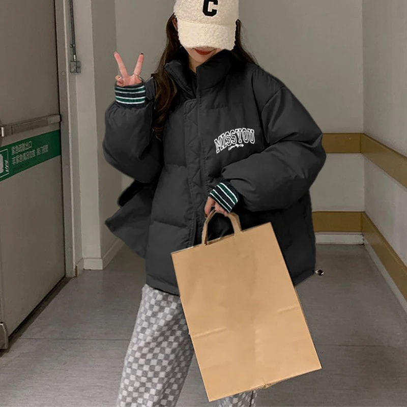 Winter Thickened Warm Baseball Padded Jacket Loose Fashion Long Sleeves Print Women's Down Parka Korean Women Outerwear 2022 New