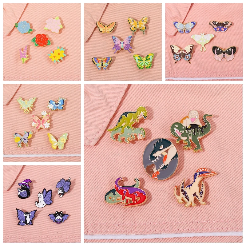

4-5 Pcs/Set Animal Series Enamel Pin Butterfly Dinosaur Bat Flower Brooches Clothing Jewelry Accessories Gift for Friends Lover