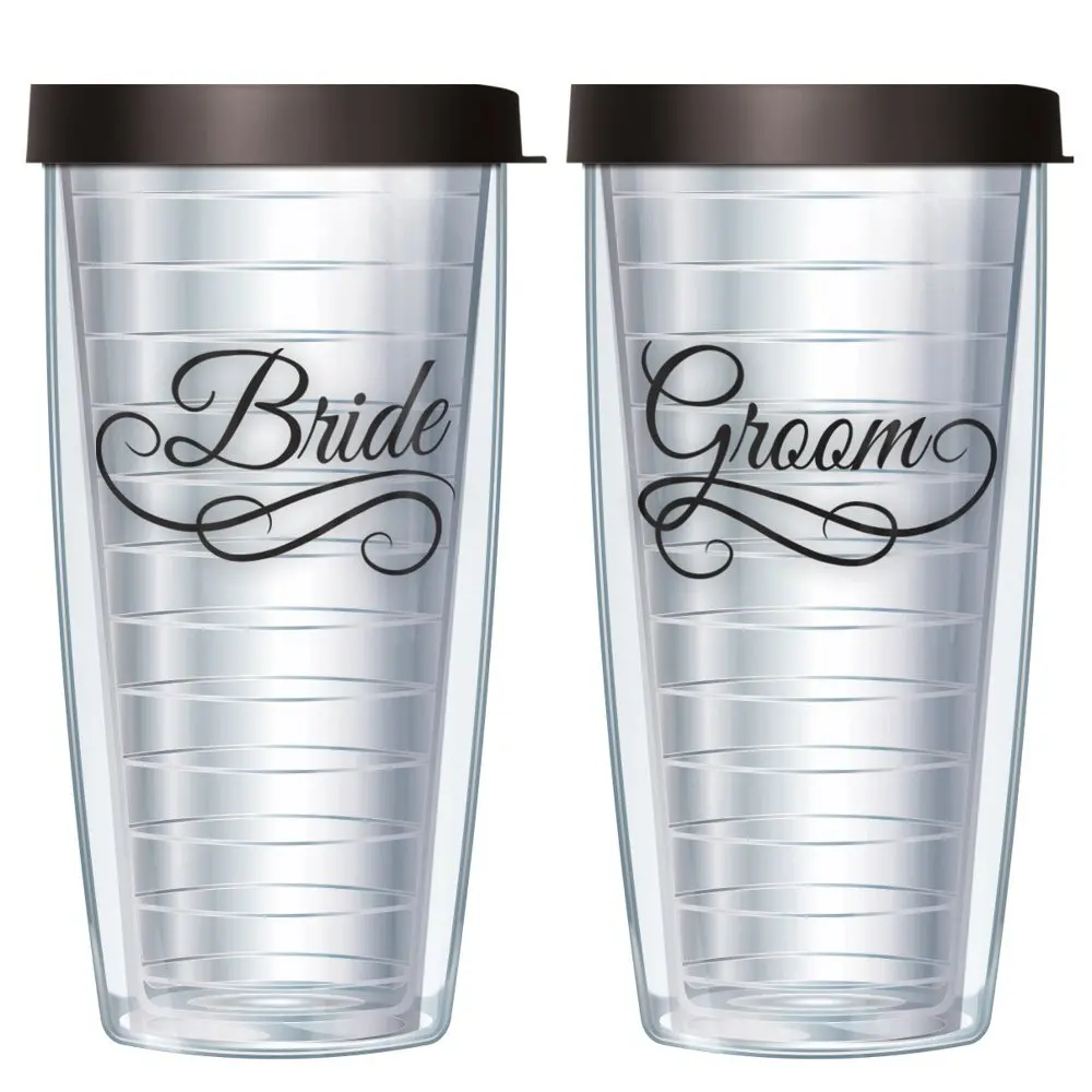 

Tumblers Bride and Groom Emblem on Clear 16 Ounce Double-Walled Travel Tumbler Mugs with Black Easy Sip Lids; Set of 2 Free shi