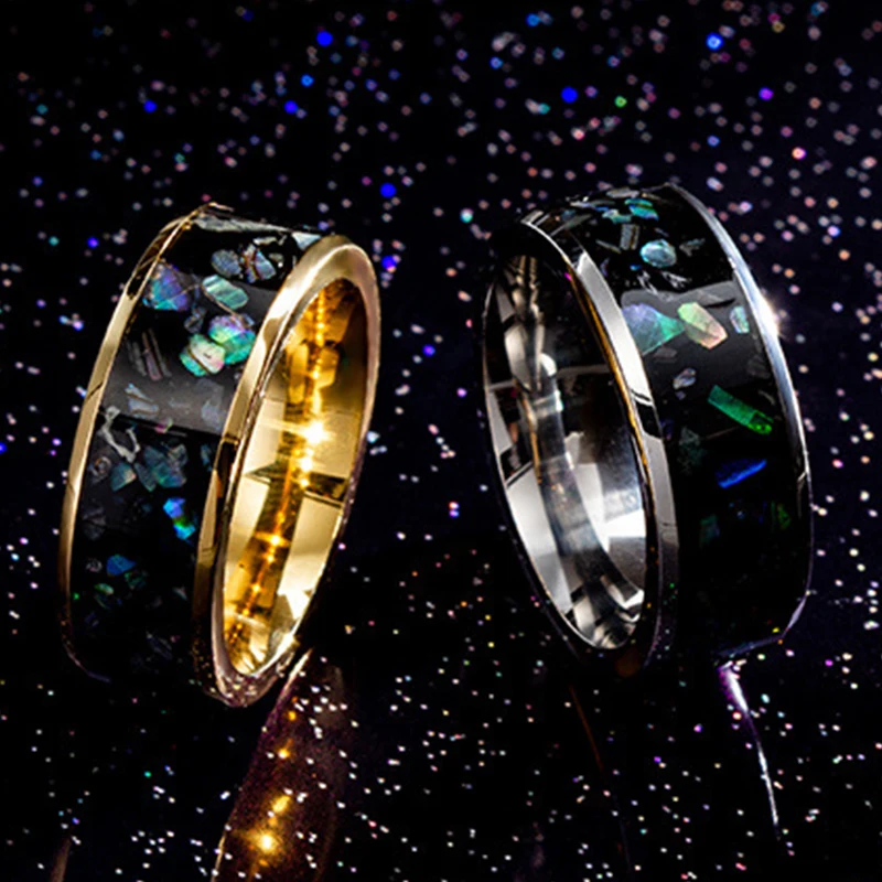 

Fashion 8mm Mens Titanium Steel Wedding Rings Galaxy Created-opal Inlay Wedding Bands for Women Charm Jewelry Polished Comfort