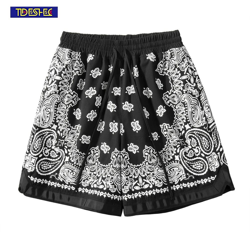 

2022 Men Streetwear Elastic Waist Shorts Patchwork Cashew Print Casual Shorts Loose Shorts Summer Retro Streetwear Men Shorts