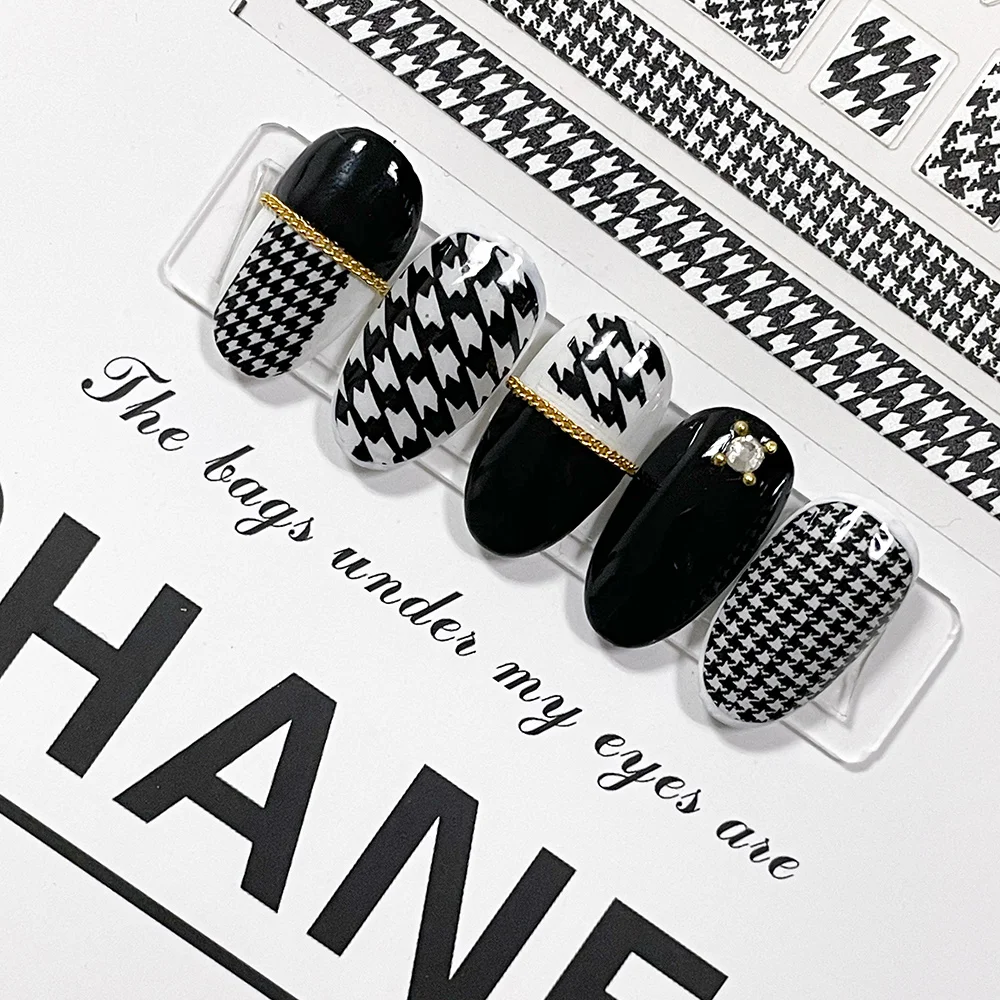 

3D Engraved Black and White Leaf Flowers Sticker Water Decals Wings Bow Plaid Sliders For Nails Stickers Manicure Art Decoraion