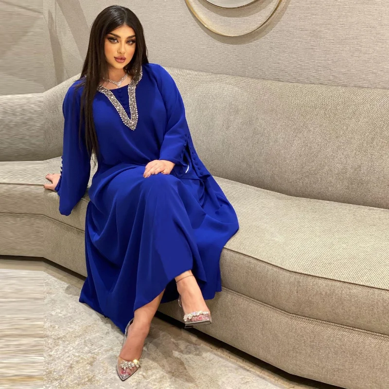 2023 Spring Summer New Arrival Muslim Women Long Sleeve Blue Polyester Long Abaya Muslim Fashion Dresses  Abaya Dress