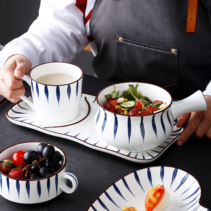 

Набор японской керамической посуды, легкая Роскошная миска для завтрака с ручкой для одного человека, столовая посуда, чаши для риса, супа, ч...