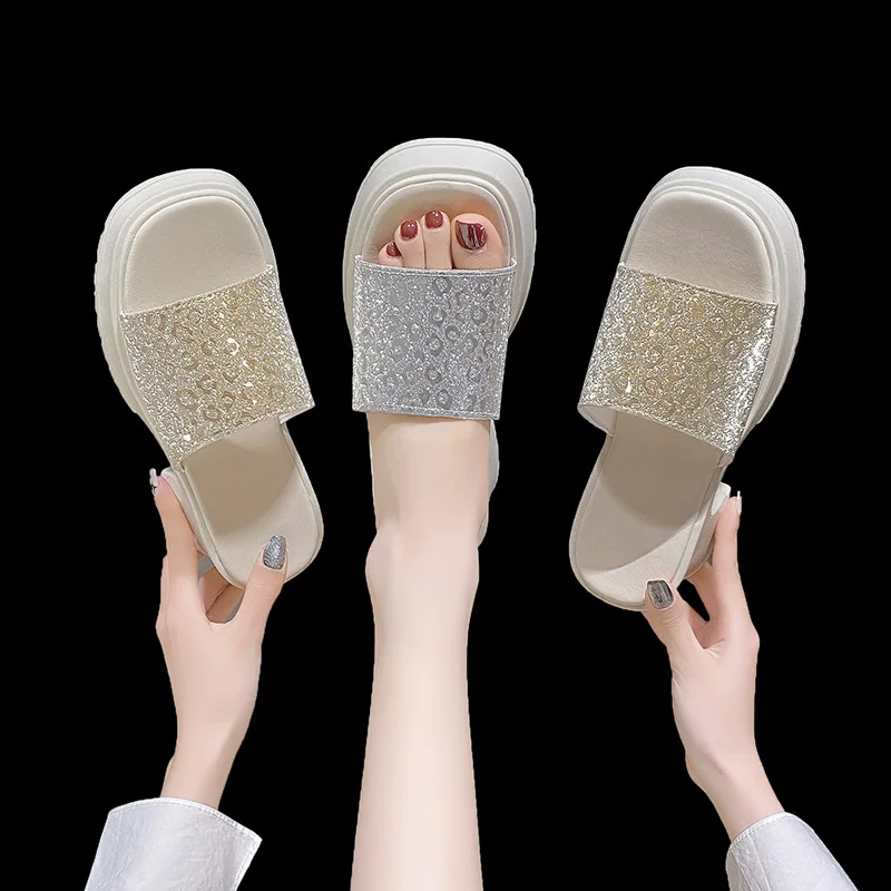 

Round toe chunky high-heeled slippers women wear summer print slippers