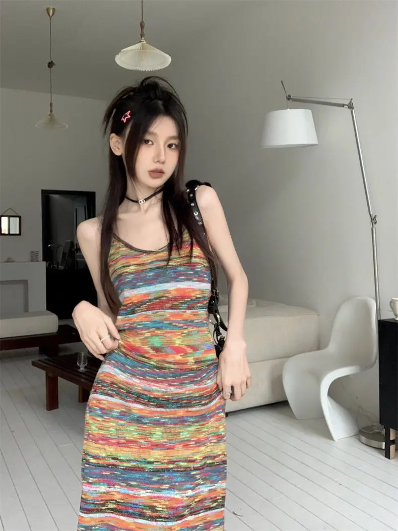 Французская Летняя мода новый дизайн нишевое приталенное платье с радужными