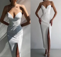 sexy sheath white prom formal dress 2022 v neck straps sleeveless ankle length split evening party gown robe de soiree