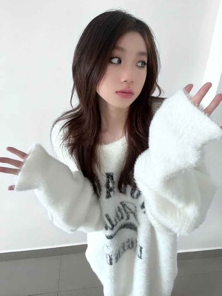 

Женский свитер оверсайз в стиле Харадзюку, трикотажный джемпер с принтом