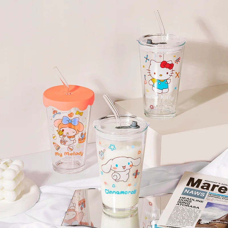 

Sanrio Anime Hello Kitty Glass Straw Cup Milk Cup Cute Cartoon Coolommy Melody Beverage Juice with Lid Drink Cup Ins Style