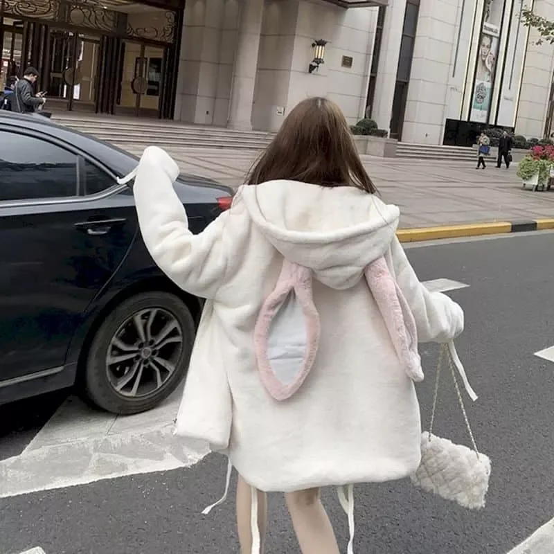 New2022 Faux Fur Jacket Female Tops Thick Mid-length Cute Hooded 2022 Winter Rabbit Ears Faux Rex Rabbit Plush Fur Coat Soft Gir