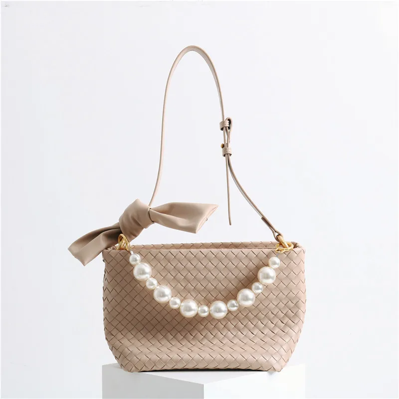 

Leather Women's Bag 2022 New Fashion All-match Cowhide Woven Bag High Quality Casual Shoulder Small Pearl Crossbody Bag
