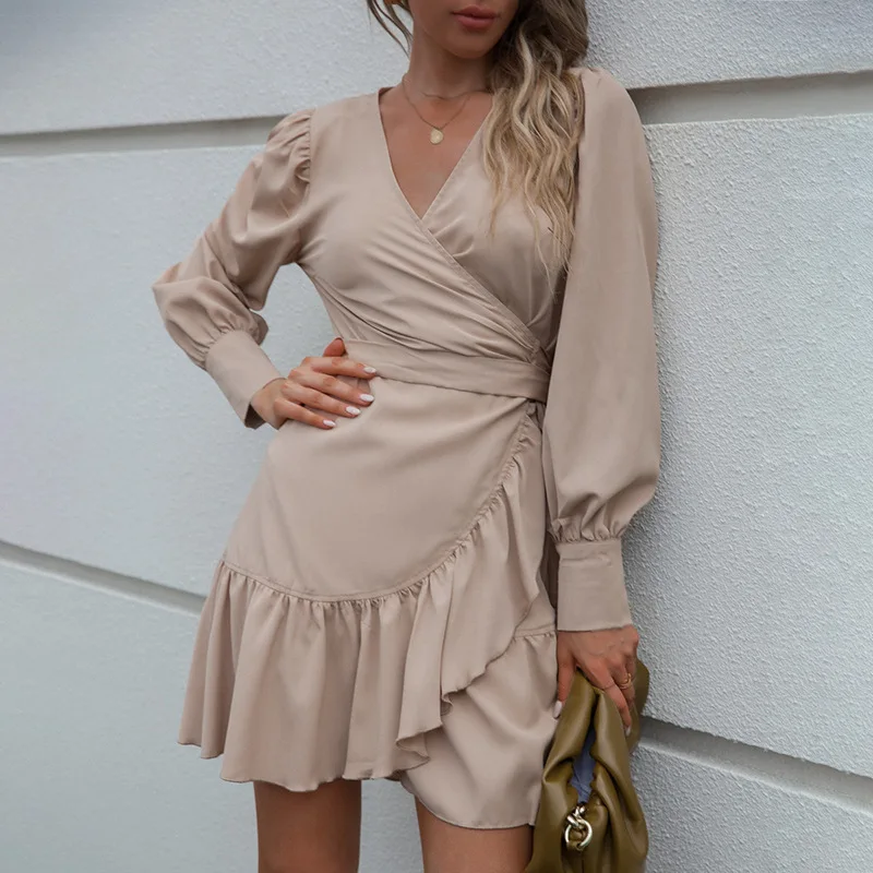 

Cross Border Women's Clothing European And American Early Autumn New Solid V-neck Tie High Waist Irregular Long Sleeved Women's