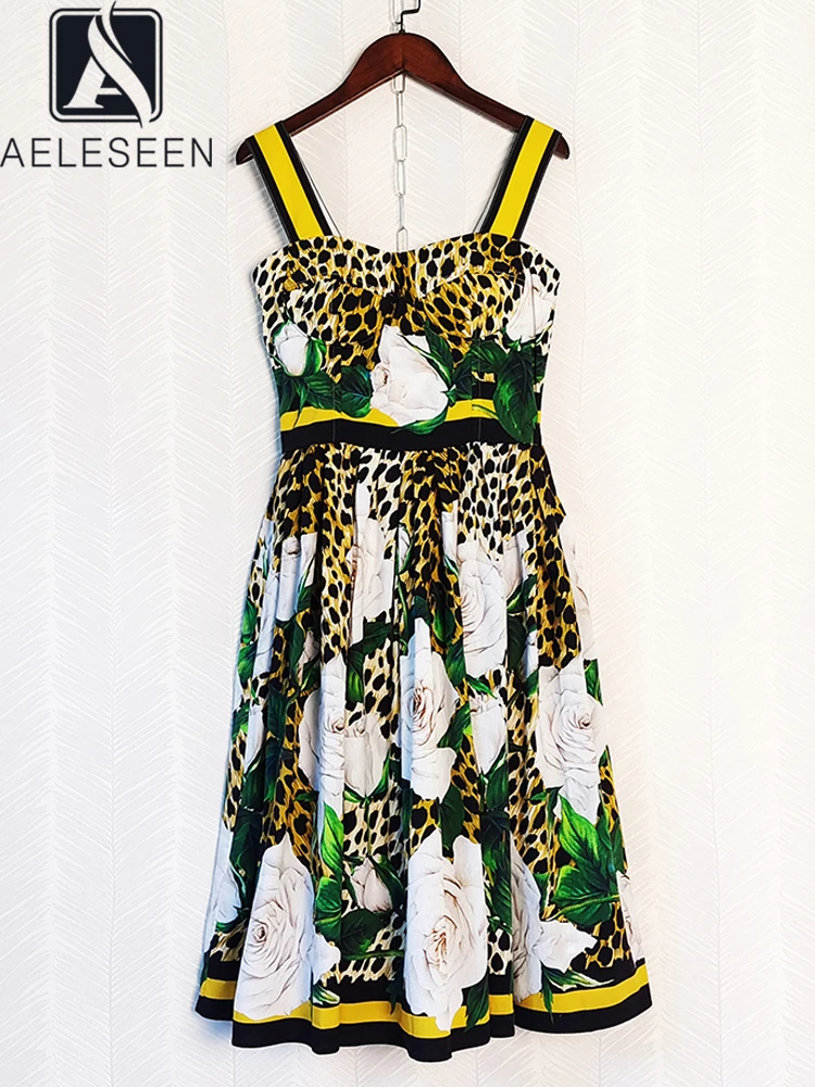 

Женское платье из 100% хлопка AELESEEN, Длинное Элегантное платье на бретельках с леопардовым принтом и цветочным принтом, вечерние костюмы для отпуска