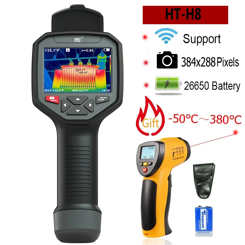 

Hti HT-H8 Wifi Infrared Imaging Camera 384x288 Pixels Handheld Thermal Imagers with HT-88A Industrial IR Thermometer Tools