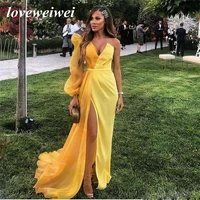 loveweiwei yellow elegent prom dresses one shoulder v neck puffy sleeves chiffon evening gowns pleated side split sweep train